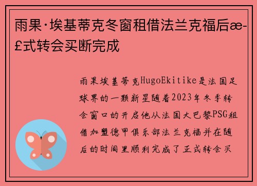 雨果·埃基蒂克冬窗租借法兰克福后正式转会买断完成