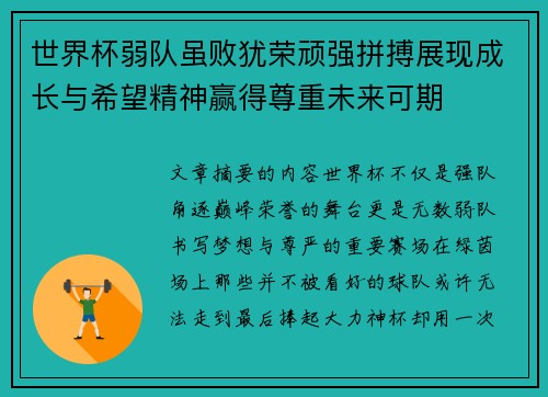世界杯弱队虽败犹荣顽强拼搏展现成长与希望精神赢得尊重未来可期