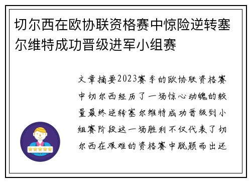 切尔西在欧协联资格赛中惊险逆转塞尔维特成功晋级进军小组赛